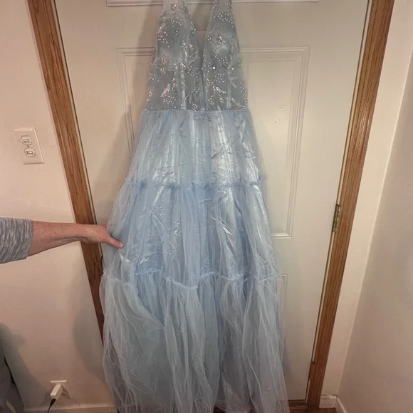 Elegant Baby Blue Fairytale Beaded Halter Prom Dress - Picture 7 of 15